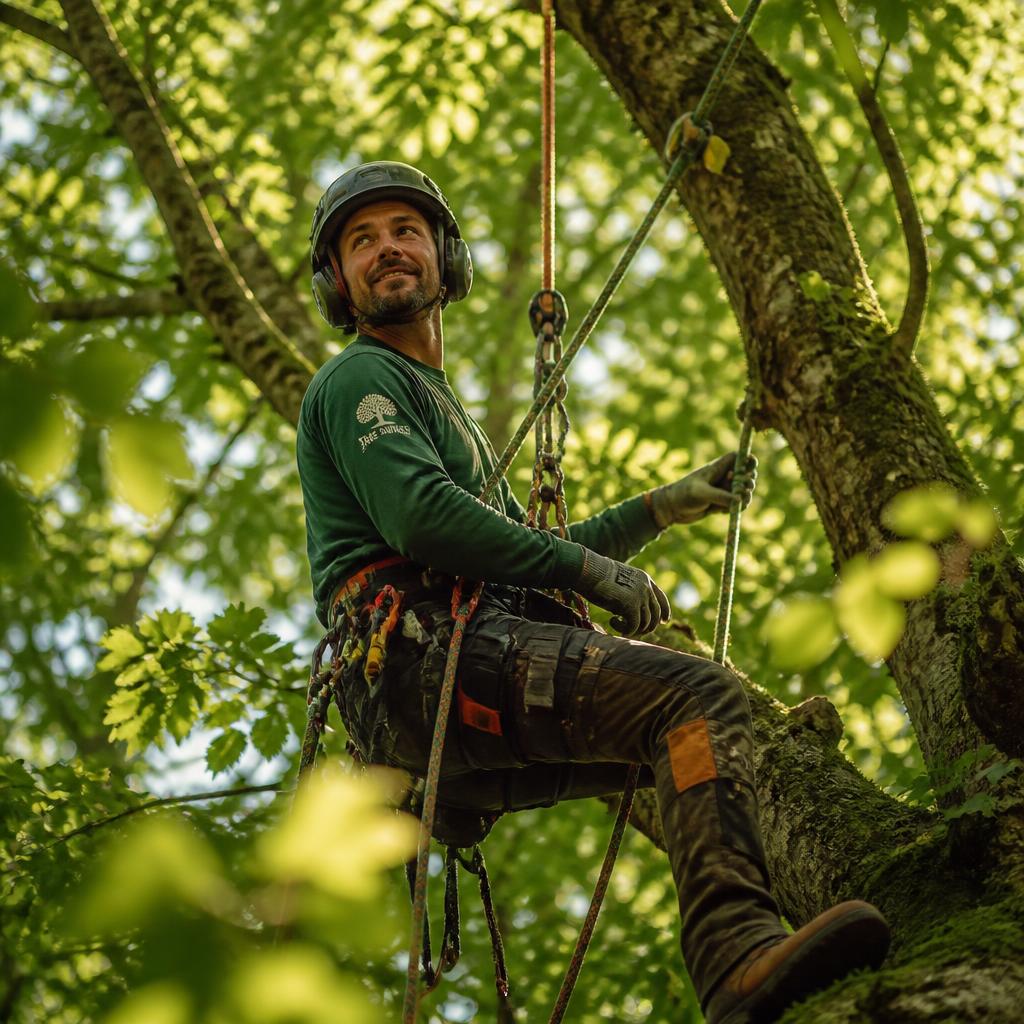 Professionell arborist i säkerhetsutrustning arbetar i ett grönt träd